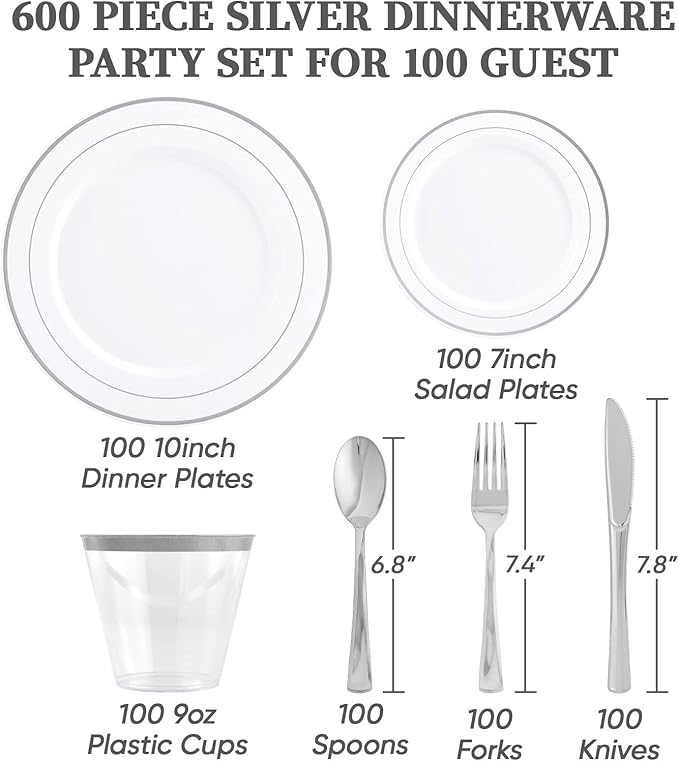 FOCUSLINE 600 Ct Silver Dinnerware Set for 100 Guests - Silver Rimmed Disposable Plastic Plates, Includes 100 Dinner & Salad Plates, Cups, Cutlery Set for Wedding Parties