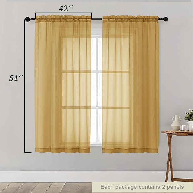 Sheer Gold Curtains for Bedroom Living Room 54 Inch Length 2 Panels Set, Solid Soft Airy Light Filtering Window Treatments, Modern Rod Pocket Drapes, Gold, 42" Wx54 L Inches