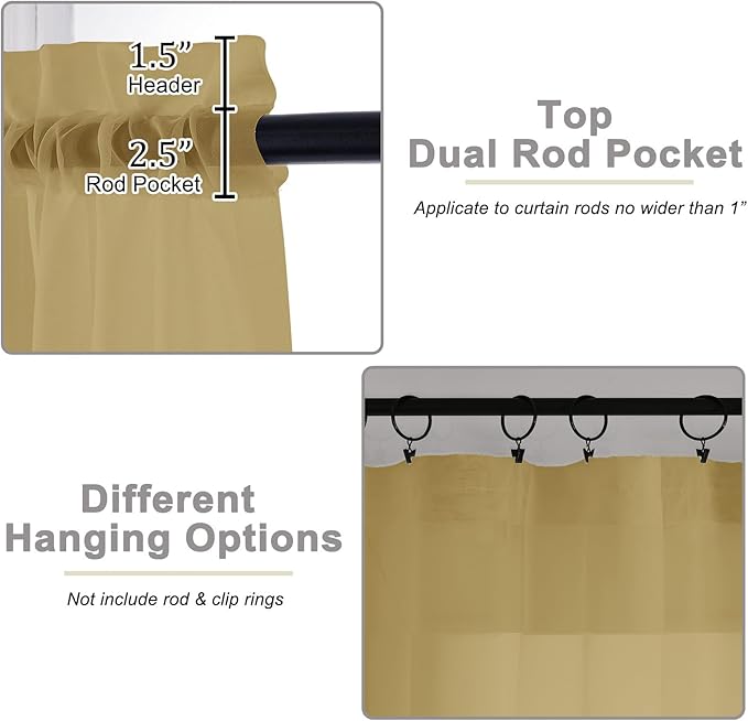 Gold Sheer Curtains 84 Inches Long 2 Panels Set for Bedroom Living Room, Soft Airy Light Filtering Modern Solid Rod Pocket Drapes Window Treatments, Gold, Each 59" W x 84" L