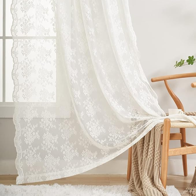 YJ YANJUN Vintage Lace Curtains 72 Inches Long- Antique Flowers Ivory Sheer Curtain Panels for Living Room Bedroom French Door, Light Filtering Drapes, 2 Panels 52W x 72L Cream