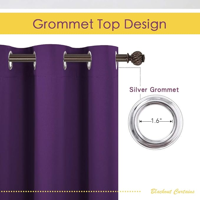 NICETOWN Bedroom Curtains Blackout Drapery Panels, 2 Panels, 70 x 108 inches, Royal Purple, Three Pass Microfiber Thermal Insulated Solid Ring Top Blackout Window Curtains/Drapes