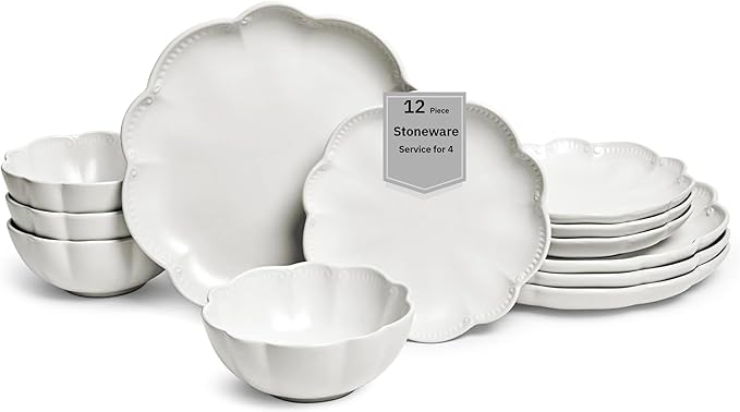 Sango 12 Pieces Scalloped Dinnerware Set, Modern White Dishes for 4, Premium Serving Plates & Bowls Sets, Chip & Scratch Resistant, Ceramic Dishware, Kitchen Dish, Microwave & Dishwasher Safe, Bethany