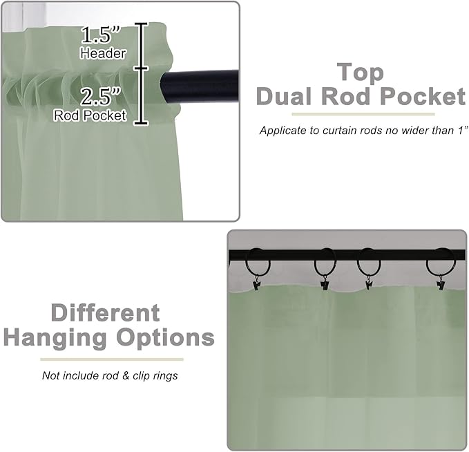 Sage Green Sheer Curtains for Bedroom Living Room 90 Inches Long 2 Panels Set, Soft Airy Light Filtering Sheer Window Treatments, Modern Rod Pocket Curtains Drapes, Each 42" Wx90 L Inch