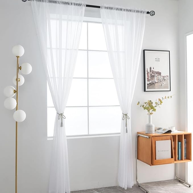 SpaceDresser Basic Rod Pocket Sheer Voile Window Curtain Panels White 1 Pair 2 Panels 38 Width 72 Inch Long for Kitchen Bedroom Children Living Room Yard(White,38 W x 72 L)