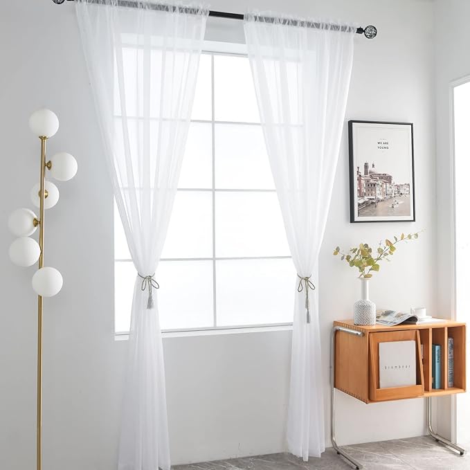 SpaceDresser Basic Rod Pocket Sheer Voile Window Curtain Panels White 1 Pair 2 Panels 42 Width 54 Inch Long for Kitchen Bedroom Children Living Room Yard(White,42 W x 54 L)