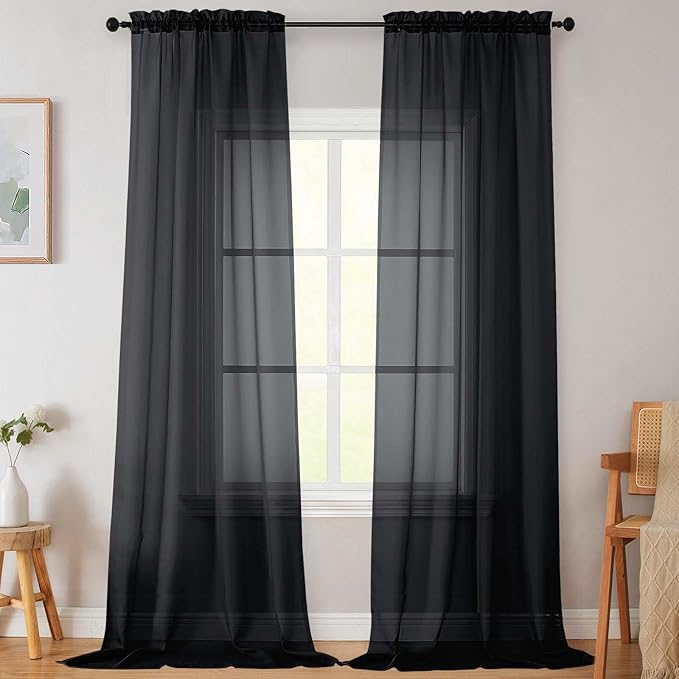 Extra Long Sheer Black Curtains for Bedroom Living Room 120 Inches Long 2 Panels Set, Solid Soft Light Filtering Rod Pocket Sheer Window Curtains, Black, Each 42" Wx120 L Inch