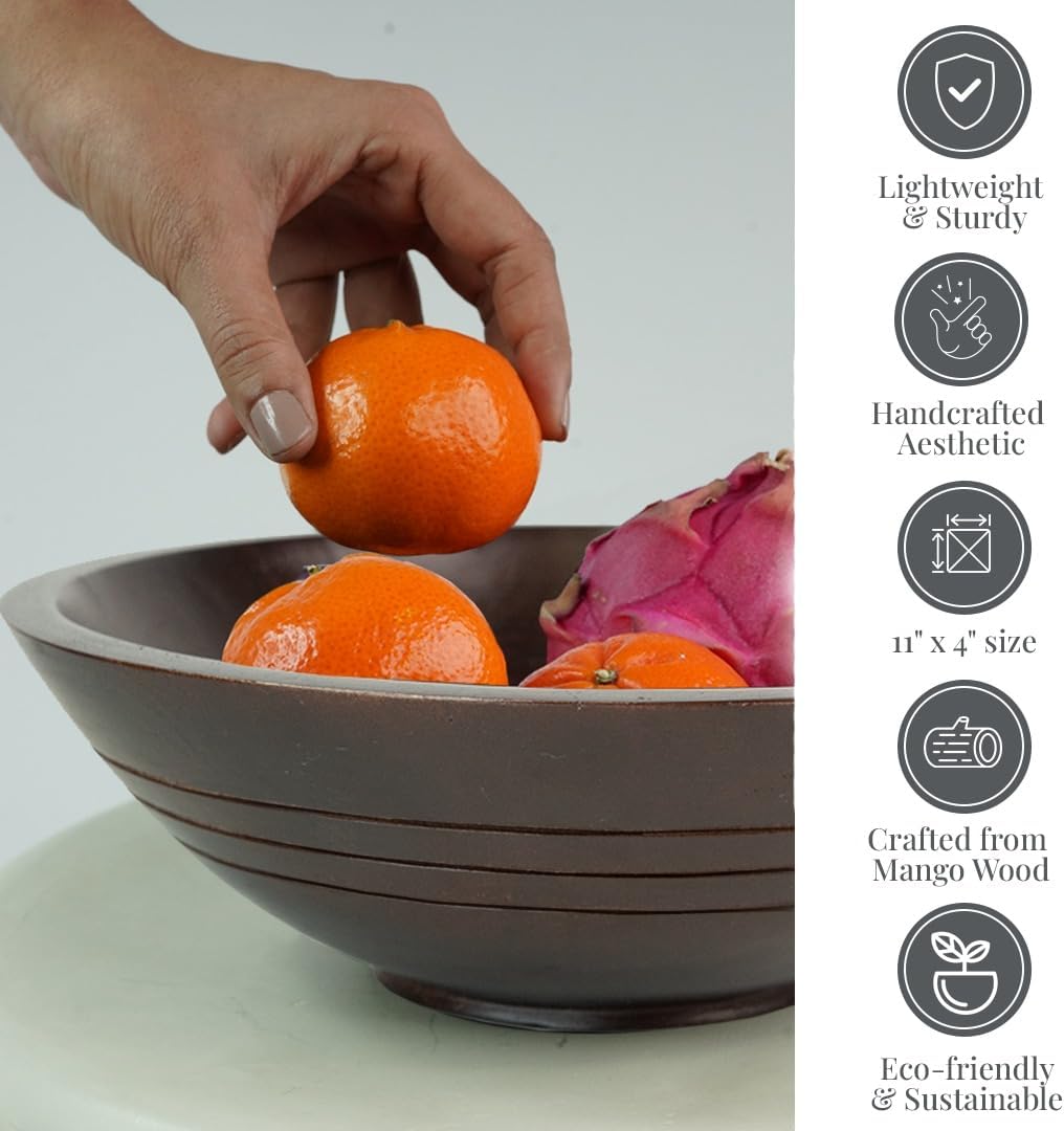 Folkulture Wooden Fruit Bowl for Kitchen Counter | 11" Large Premium Eco Friendly Banana Fruit Basket for Kitchen | Mango Wood Bowl, Black Fruit Bowl for Table Decor, Centerpiece for Dining