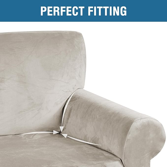 H.VERSAILTEX Stretch Velvet Loveseat Covers for 2 Cushion Couch Covers for Living Room Sofa Covers Slipcovers with Non Slip Straps Bottom, Ultra Thick Comfy Velour (Width 58"-72", Oatmeal)