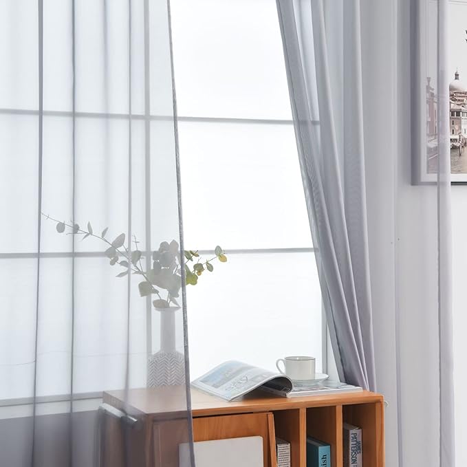 SpaceDresser Sheer Voile Window Treatment Rod Pocket Curtain Panels for Kitchen Bedroom Living Room Drapes Sunlight Filtering Privacy Semi Home Decor Assorted (Grey, 52 W x 128 L)
