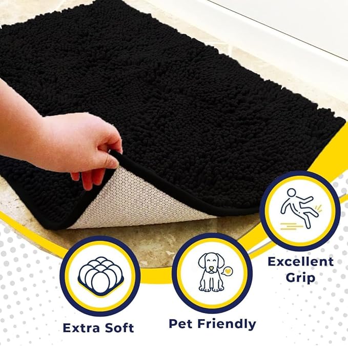 Muddy Mat® | Super Absorbent Door Mat Indoor, Microfiber Quick Dry Chenille Entryway Rug, Non-Slip Front Door Mat, Indoor Mats for Entryway, Machine Washable Pet Rug, Black 28"x18"