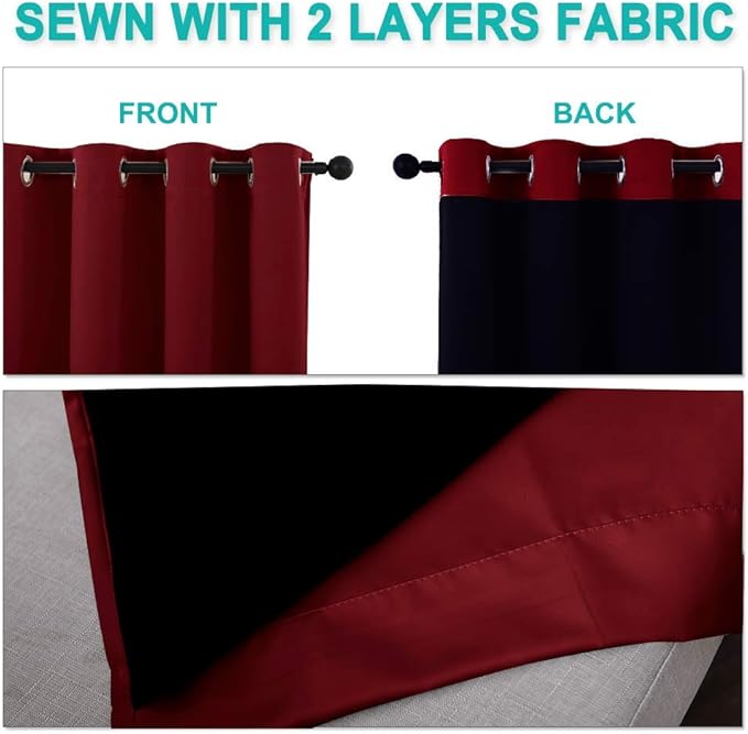 NICETOWN 100% Blackout Short Curtains with Black Liners, 2 Panels, 37" W by 63" L, Burgundy Red, Solid Thermal Insulated Full Blackout 2-Layer Lined Drapes, Energy Efficiency Window Drapes for Bedroom