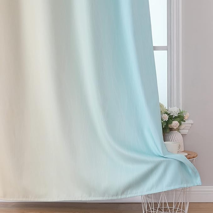Estelar Textiler Ombre Aqua and Beige Blackout Curtains 96 Inches Long for Sliding Door, Gradient Thermal Insulated Full Light Blocking Grommet Blackout Drapes for Bedroom, 52Wx96L, 2 Panels