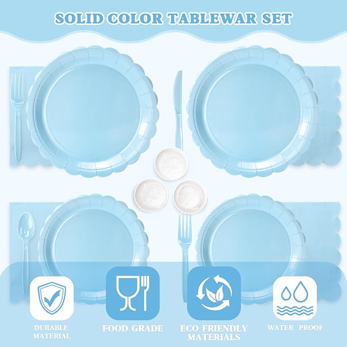 Vyntra 350 PCS Disposable Plates for Party, Paper Plates & Napkins Set with Cups, Knives, Forks, Spoons, 7'' Dessert and 9'' Dinner Plates for Baby Shower, Boy Birthday - Light Blue