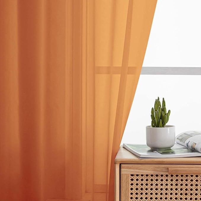 Sheer Orange Curtains for Bedroom Living Room 63 Inch Length 2 Panels, Airy Soft Light Filtering Sheer Dining Room Curtains, Modern Rod Pocket Drapes, Orange, Each 42" Wx63 L Inches