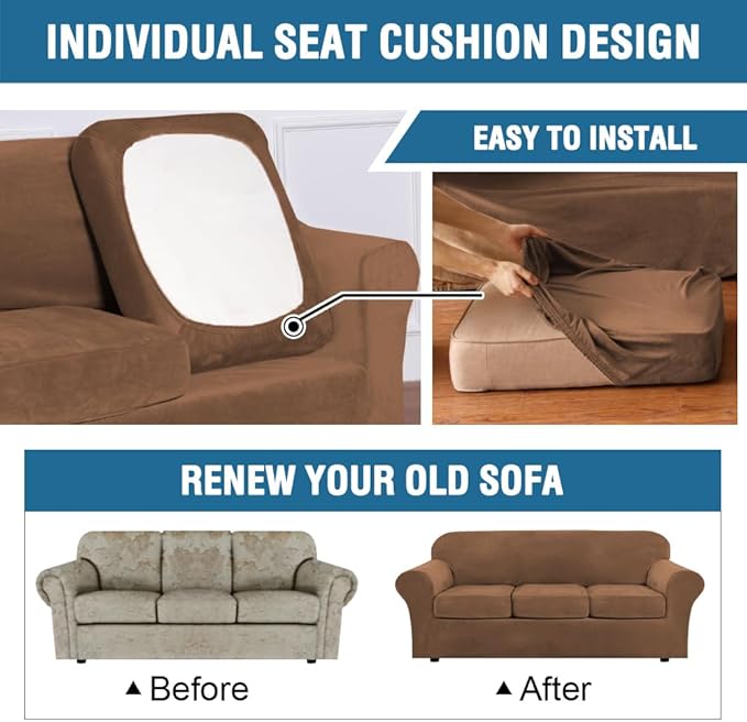 H.VERSAILTEX Velvet 4 Piece High Stretch Sofa Slipcover Cover Furniture Protector Form Fit Luxury Thick Velvet Extra Large Sofa Cover for 3 Cushion Couch Width Up to 105 Inch (XL Sofa, Caramel)