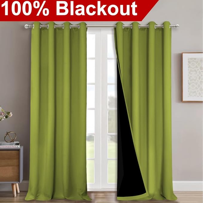 NICETOWN 100% Blackout Blinds, Set of 2, 46" x 96", Fresh Green, Laundry Room Decor Window Treatment Curtains for Large Patio Sliding Door, Thermal Insulated Curtains for Bedroom
