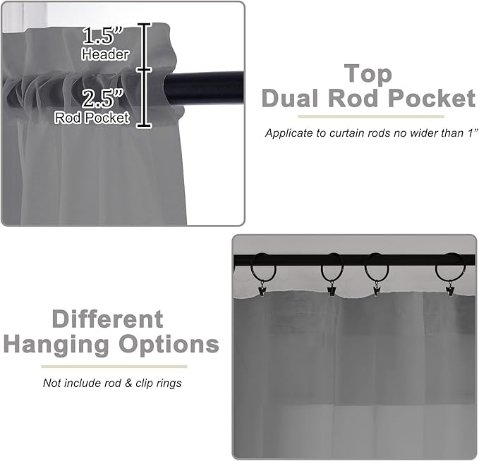 Grey Valances for Windows, Sheer Curtains 14 Inch Length 2 Pack Kitchen Curtain, Modern Solid Mini Small Window Curtains for Cafe Bathroom Basement, Grey, 42" Wx14 L Inch
