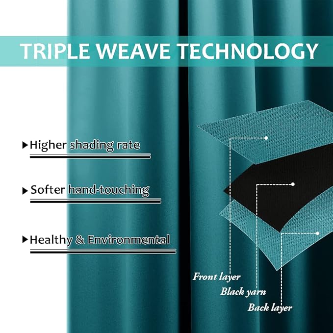 NICETOWN Peacock Teal Blackout Curtains 90 inches Long, Full Light Blocking Drapes with Black Liner for Nursery, Thermal Insulated Draperies for Hall, Villa (2 Pieces, 46" Wide Each Panel)