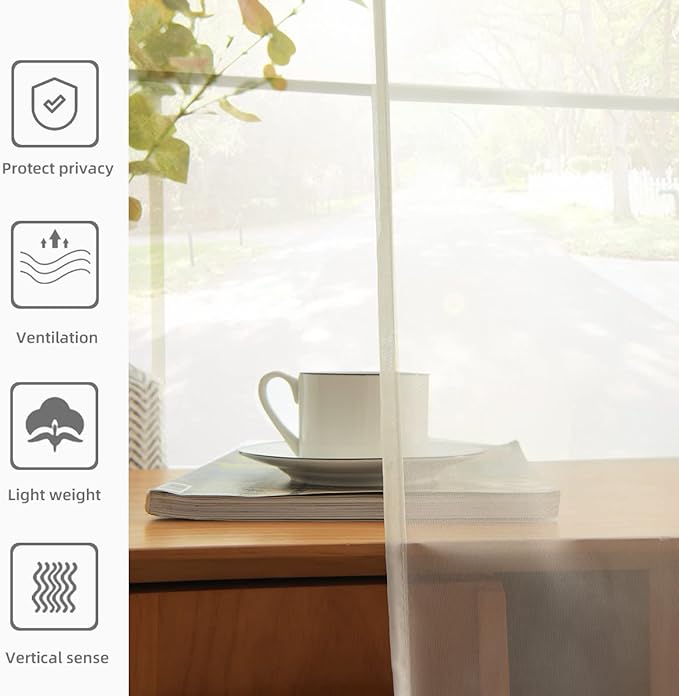 youleyar Solid Sheer Rod Pocket Curtain Voile Draperies 2 Panels White Beige Black Grey Coffee 52 Inch Width 108 Inch Long 1 Pair for Kitchen Bedroom Children Living Room Yard(Ivory,52Wｘ108L)