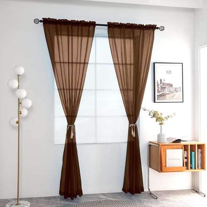 youleyar Solid Sheer Rod Pocket Curtain Voile Draperies 2 Panels White Beige Black Grey Coffee 52 Inch Width 72 Inch Long 1 Pair for Kitchen Bedroom Children Living Room Yard (Brown,52Wｘ72L)