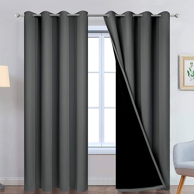 Yakamok Dark Grey Full Shade Curtain Panels, Heavy Duty Lined Curtains 84 Inches Long, Thermal Insulated Room Darkening Curtains with Black Liner for Bedroom(52" Width Each Panel, Dark Gray, 2 Panels)