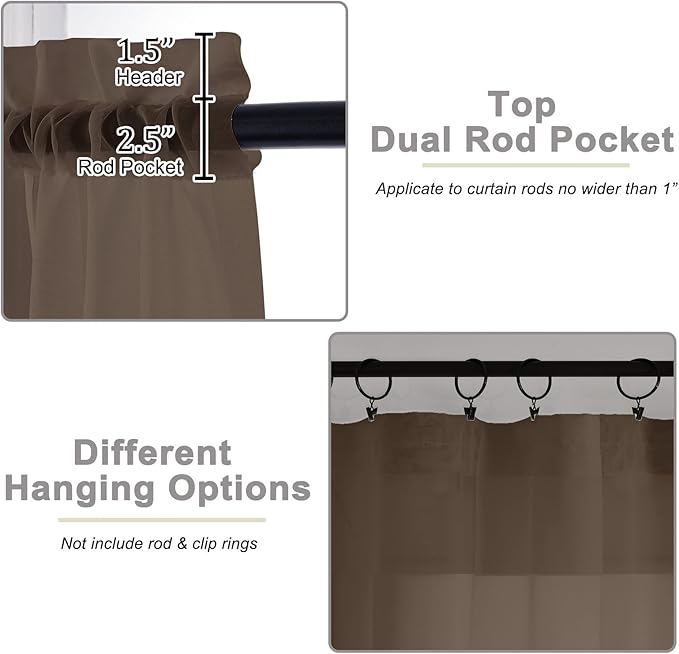 Chocolate Kitchen Curtains 30 Inch Length Tier 2 PCS, Solid Soft Airy Half Curtains for Windows, Sheer Rod Pocket Drapes for Bathroom Basement Small Window Curtain, Chocolate, 42"Wx30"L Inch