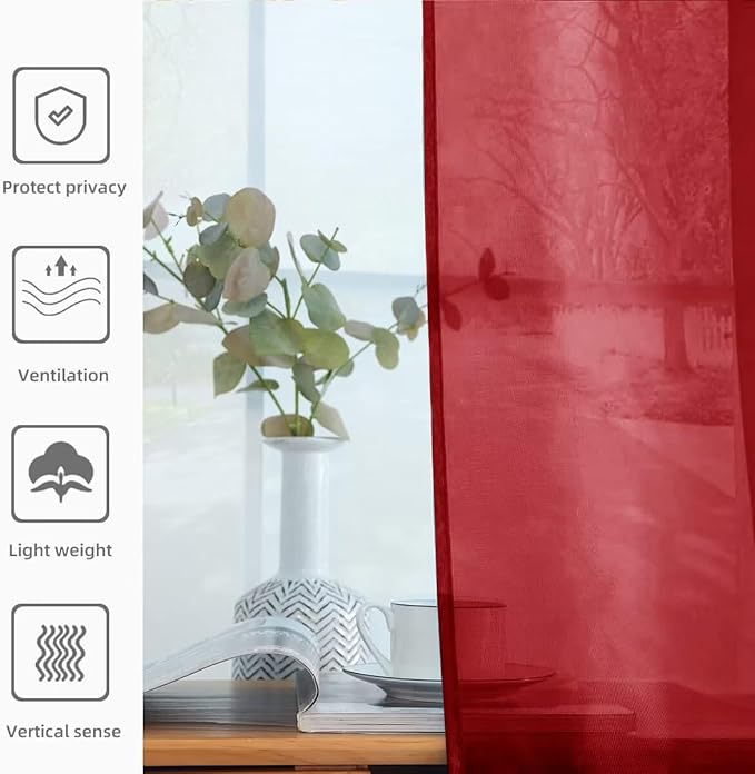 youleyar Solid Sheer Rod Pocket Curtain Voile Draperies 2 Panels White Beige Black Grey Ivory 52 Inch Width 45 Inch Long 1 Pair for Kitchen Bedroom Children Living Room Yard (Christmas Red,52Wｘ45L)