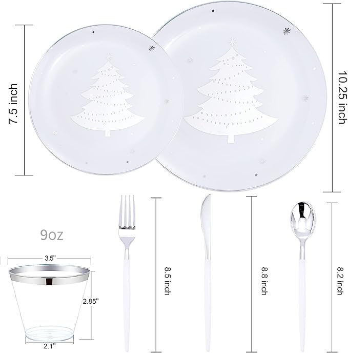 bUCLA 150PCS Christmas White and Silver Plastic Plates for 25 Guests - Include 25 Each (Dinner & Dessert) Plates, 25 Cups, 25 Knives, 25 Forks, 25 Spoons
