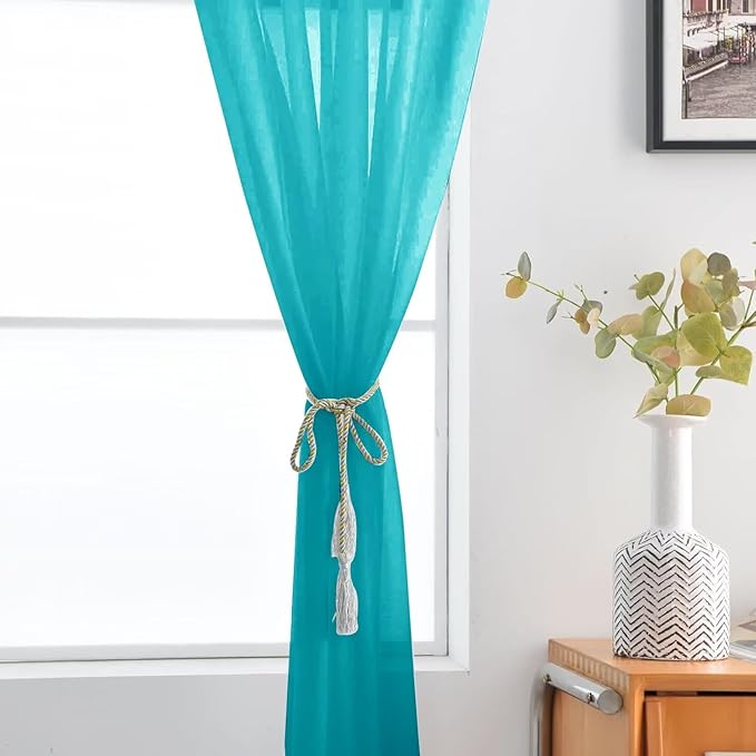 SpaceDresser Sheer Voile Window Treatment Rod Pocket Curtain Panels for Kitchen Bedroom Living Room Drapes Sunlight Filtering Privacy Semi Home Decor Assorted (Peacock Blue, 52 W x 108 L)
