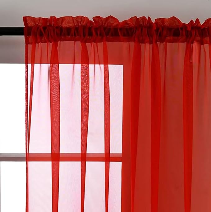 SpaceDresser Sheer Red Curtains 4 Panels Rod Pocket Semi-Sheer Curtain 96 Inches Long Light Filtering Voile Window Drapes for Bedroom Living Room Kitchen, Each 52W x 96L