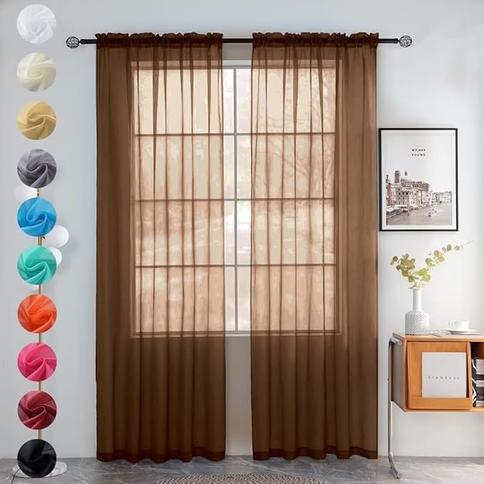 youleyar Solid Sheer Rod Pocket Curtain Voile Draperies 2 Panels White Beige Black Grey Coffee 52 Inch Width 45 Inch Long 1 Pair for Kitchen Bedroom Children Living Room Yard (Brown,52Wｘ45L)