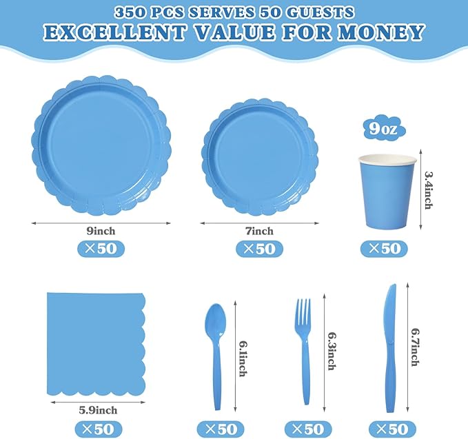 Vyntra 350 PCS Disposable Plates for Party, Paper Plates & Napkins Set with Cups, Knives, Forks, Spoons, 7'' Dessert and 9'' Dinner Plates for Birthday, Graduation, 4th of July - Blue