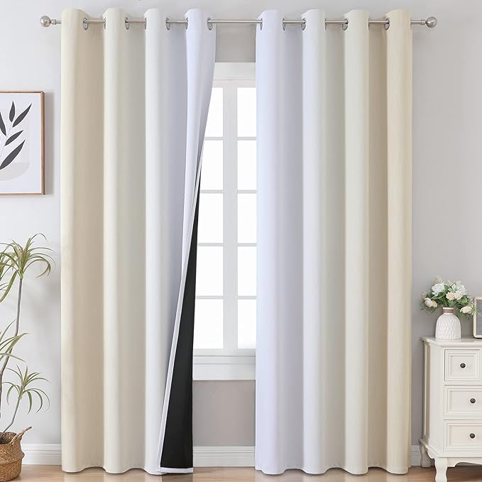 Estelar Textiler Beige and Greyish White Blackout Curtains 108 Inches Long, Thermal Insulated Drapes for Bedroom, Full Light Blocking Energy Saving Long Curtains for Living Room, 52Wx108L, 2 Panels