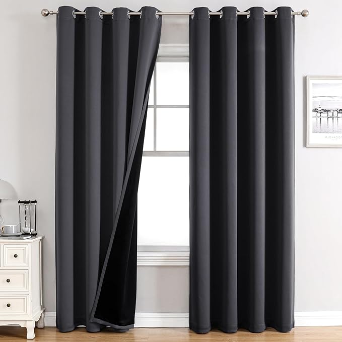 ChrisDowa 100% Blackout Curtains for Bedroom with Black Liner, 2 Thick Layers Total Blackout Thermal Insulated Grommet Long Window Curtains 2 Panels Set (Dark Grey, 52 x 95 Inch)