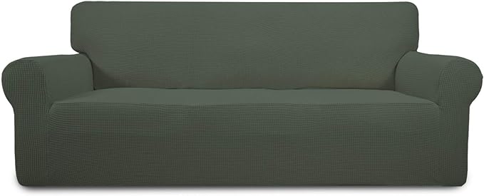 Easy-Going Stretch Sofa Slipcover 1-Piece Sofa Cover Furniture Protector Couch Soft with Elastic Bottom for Kids, Polyester Spandex Jacquard Fabric Small Checks (Sofa, Olive Green)