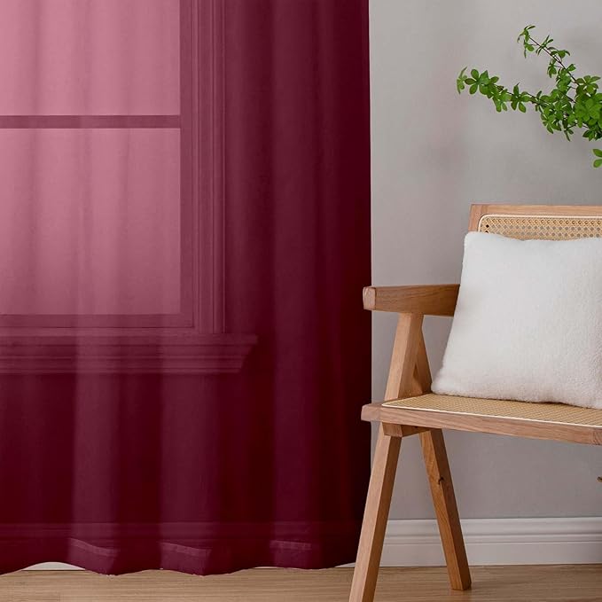 Extra Long Sheer Burgundy Curtains for Bedroom Living Room 108 Inches Long 2 Panels Set, Solid Soft Light Filtering Rod Pocket Sheer Window Curtains, Burgundy, Each 42" Wx108 L Inch