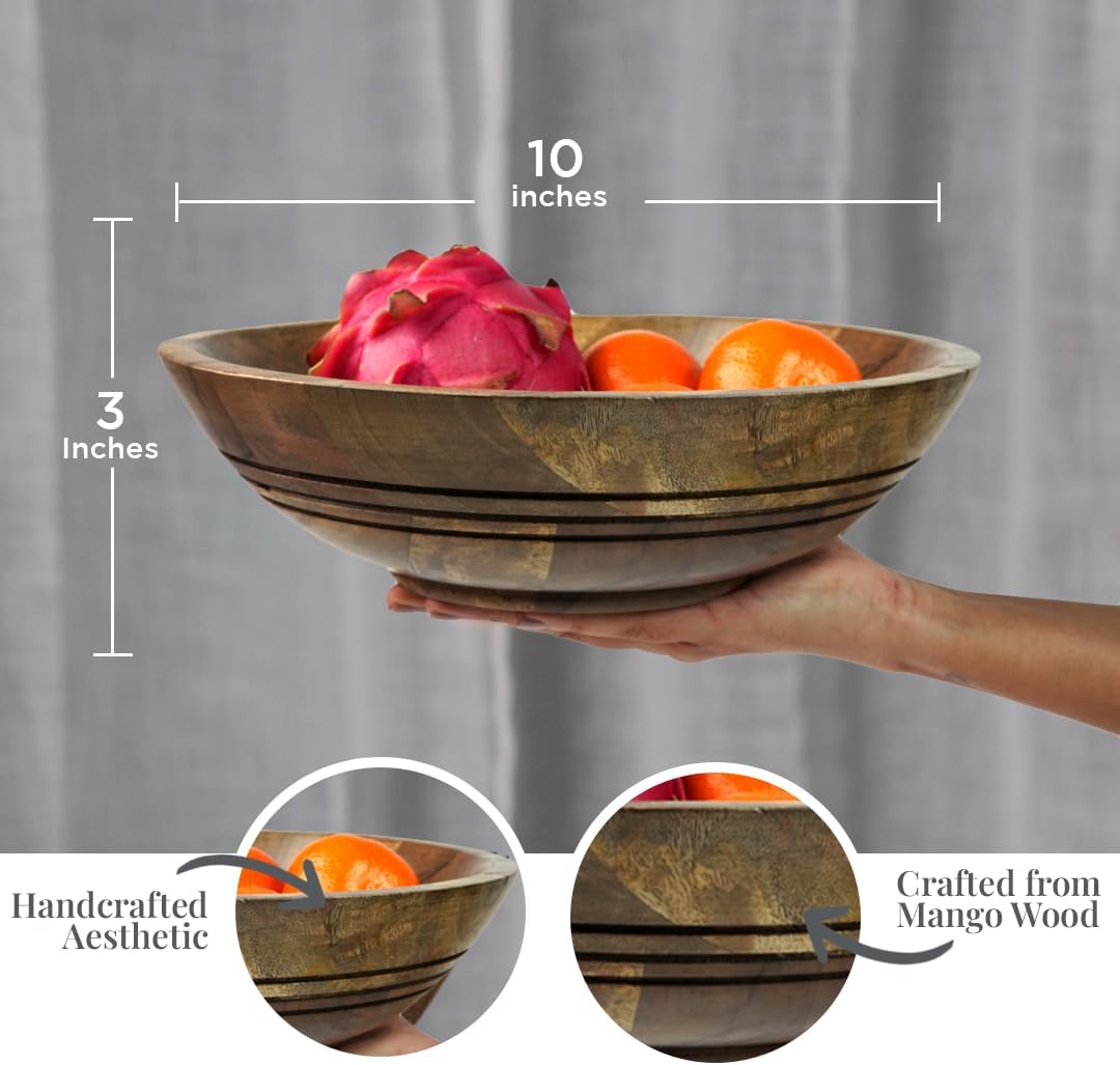 Folkulture Wooden Fruit Bowl for Kitchen Counter | 11" Large Premium Eco Friendly Banana Fruit Basket for Kitchen | Mango Wood Bowl, Black Fruit Bowl for Table Decor, Centerpiece for Dining