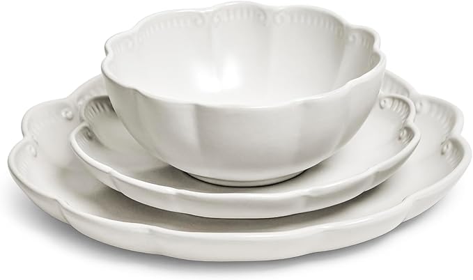 Sango 12 Pieces Scalloped Dinnerware Set, Modern White Dishes for 4, Premium Serving Plates & Bowls Sets, Chip & Scratch Resistant, Ceramic Dishware, Kitchen Dish, Microwave & Dishwasher Safe, Bethany