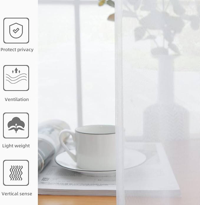 youleyar Solid Sheer Rod Pocket Curtain Voile Draperies 2 Panels White Beige Black Grey Coffee 52 Inch Width 128 Inch Long 1 Pair for Kitchen Bedroom Children Living Room Yard(White,52Wｘ128L)