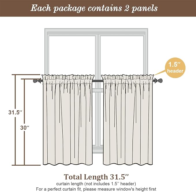 Chyhomenyc Lemon Sheer Curtains 30 inch Length 2 Panels, Light Filtering Voile Rod Pocket Short Window Curtians for Bathroom Living Room Farmhouse Small Windows, 42Wx30L inches