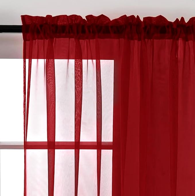 SpaceDresser Christmas Red Sheer Curtains 4 Panels Rod Pocket Semi-Sheer Curtain 90 Inches Long Light Filtering Voile Window Drapes for Bedroom Living Room Kitchen, Each 52W x 90L