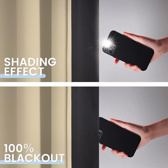 SimpleHome 100% Blackout Curtains for Bedroom,Thermal Insulated Beige Grommet Window Drapes Room Darkening Curtains for Living Room with Black Back,52 x 90 Inch,2 Panels