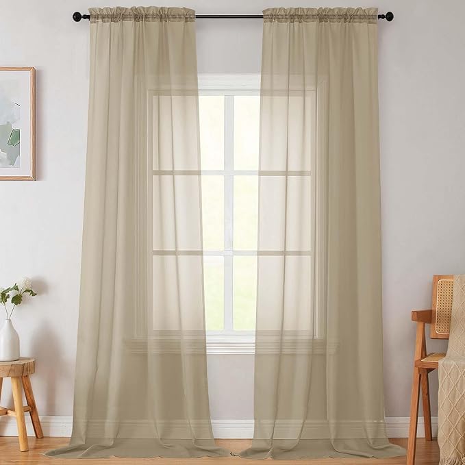 Extra Long Sheer Taupe Curtains for Bedroom Living Room 108 Inches Long 2 Panels Set, Solid Soft Light Filtering Rod Pocket Sheer Window Curtains, Taupe, Each 42" Wx108 L Inch