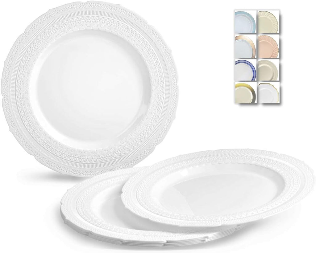 " OCCASIONS " 60 Plates Pack, Extra Heavyweight Vintage Wedding Party Disposable Plastic Plates (7'' Dessert Plate, Chateau in White)