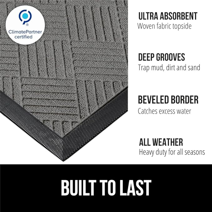 GORILLA GRIP 100% Waterproof All-Season WeatherMAX Doormat, 47x35, US Designed Natural Rubber, Stain and Fade Resistant, Low Profile Indoor Outdoor Door Mats, Easy Clean Patio Mat, Gray Diamond