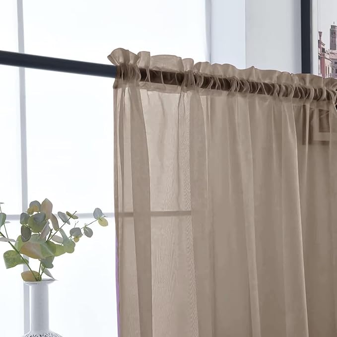 SpaceDresser Basic Rod Pocket Sheer Voile Window Curtain Panels Taupe 1 Pair 2 Panels 52 Width 108 Inch Long for Kitchen Bedroom Children Living Room Yard（Taupe, 52W x 108L）