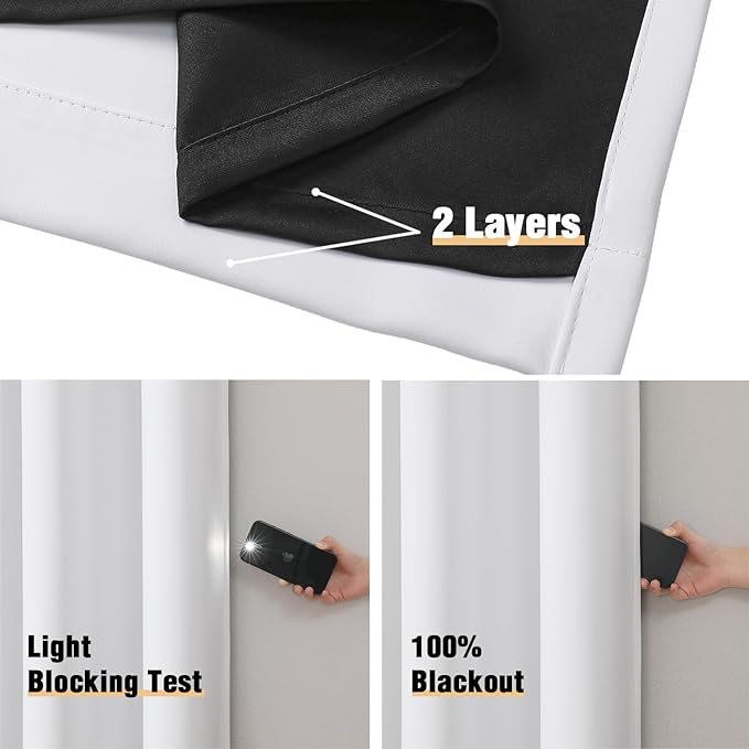 ChrisDowa White 100% Blackout Curtains 90 inch Long for Bedroom with Black Liner, 2 Thick Layers Total Blackout Thermal Insulated Grommet Long Window Curtains 2 Panels Set (Pure White, 52 x 90 Inch)