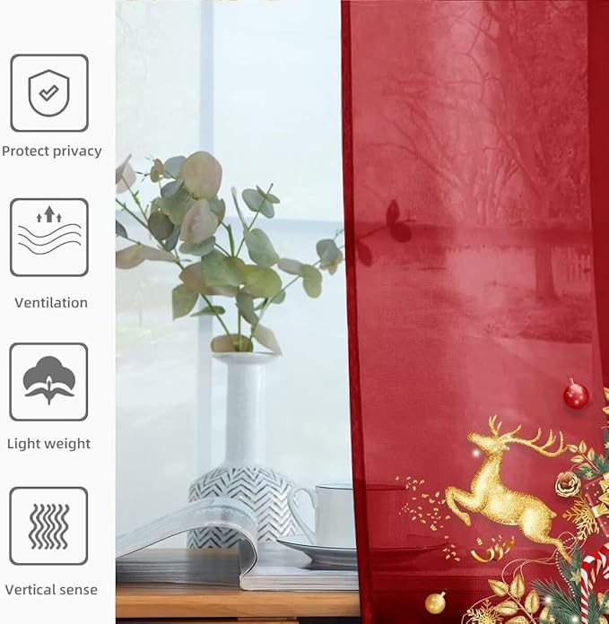 youleyar Solid Sheer Rod Pocket Curtain Voile Draperies 4 Panels White Beige Black Grey Ivory 52 Inch Width 96 Inch Long 1 Pair for Kitchen Bedroom Children Living Room Yard(Christmas Red,52 Wｘ96 L)