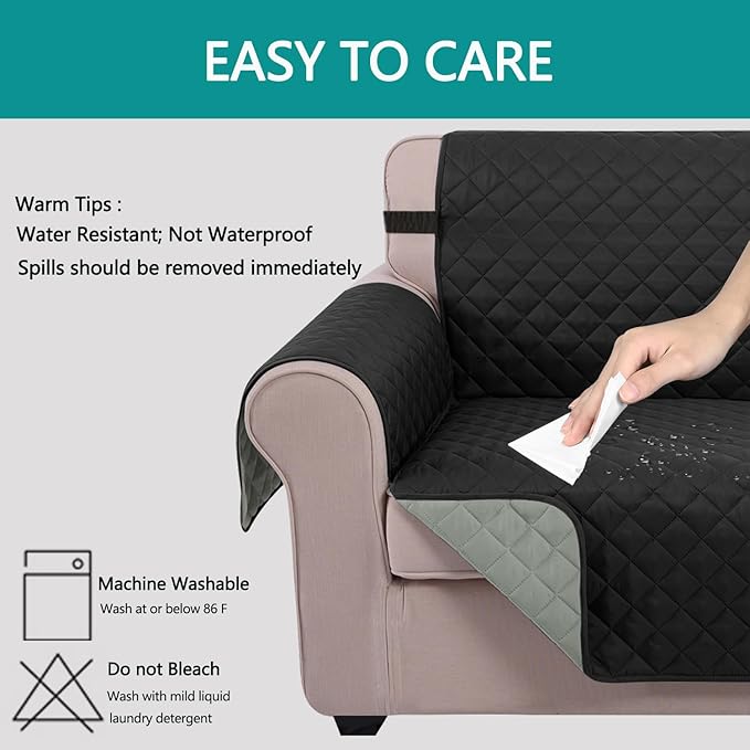 U-NICE HOME Loveseat Sofa Cover Reversible Couch Cover for Dogs Pets with Elastic Straps Water Resistant Furniture Protector for 2 Cushion Couch (Loveseat, Black/Grey)