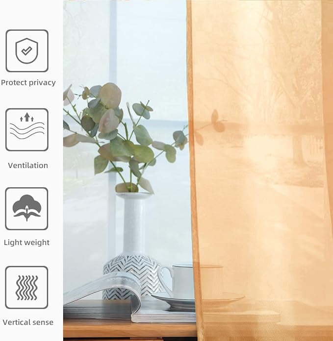 youleyar Solid Sheer Rod Pocket Curtain Voile Draperies 2 Panels White Beige Black Grey Coffee 42 Inch Width 72 Inch Long 1 Pair for Kitchen Bedroom Children Living Room Yard(Beige,42Wｘ72L)